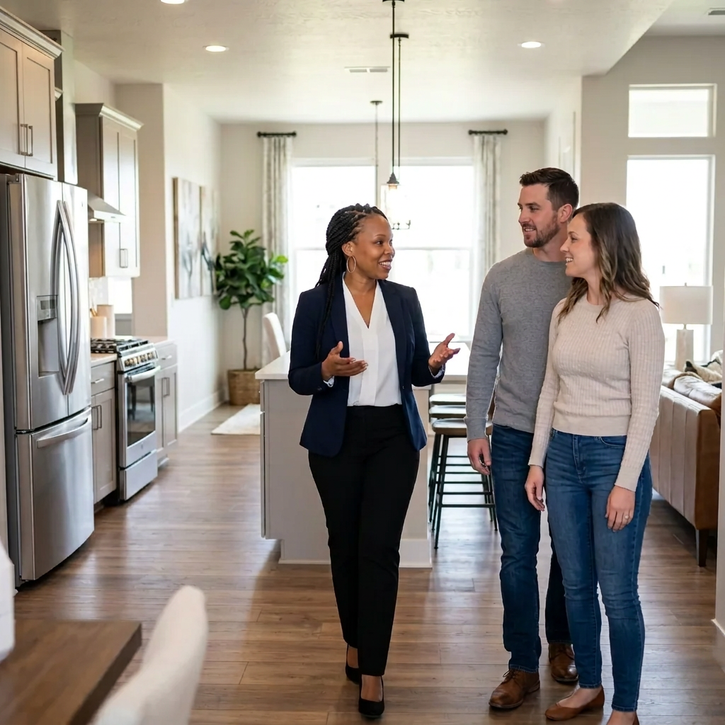 A realtor showing a home to a couple